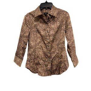 Talbots Petites Animal Print Button-Up Shirt Womens 2P Cotton Blend Brown Long S